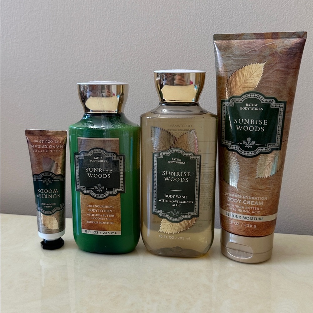 NIB Bath and Body Works Full Size Sunrise Woods 4 Pieces Body Care Set